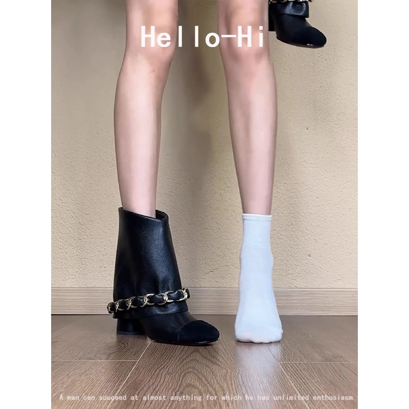 牛皮版！裤管靴女2025复古高级感黑色圆头金属链条显瘦粗跟中筒靴