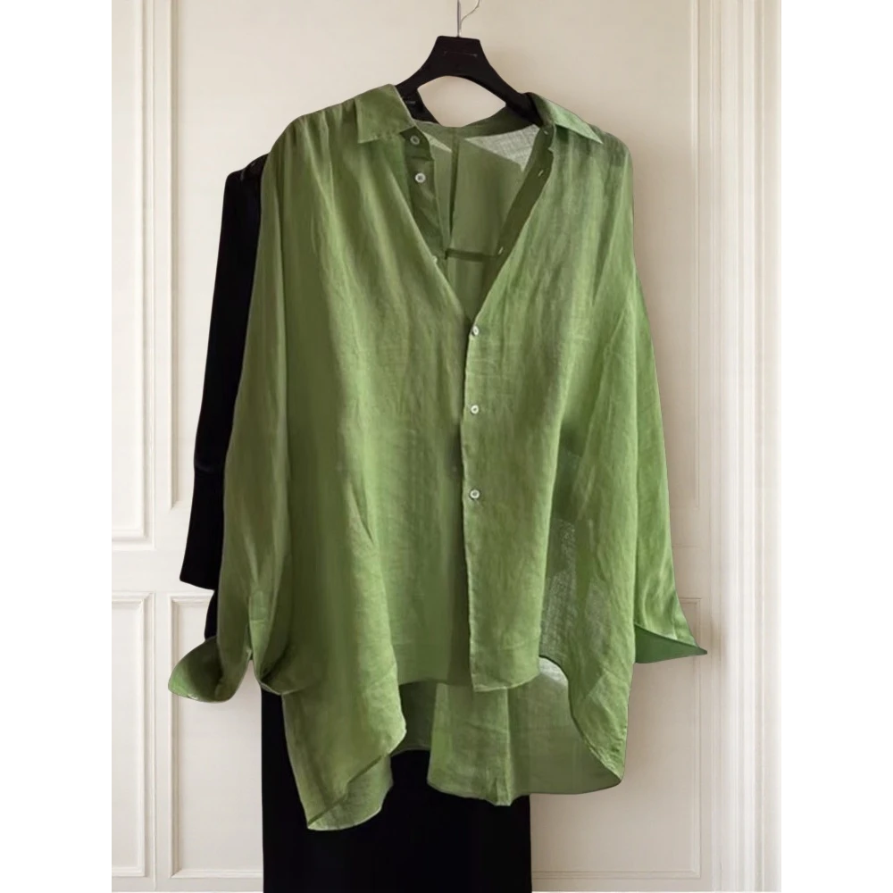 法式绿色防晒长袖衬衫女2025年新款空调开衫宽松上衣外套
