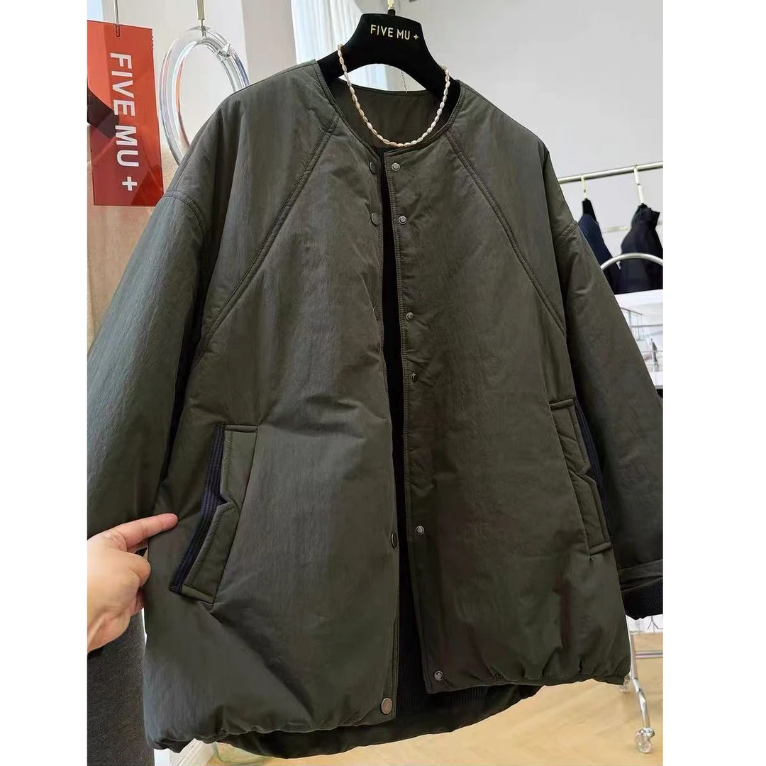 韩系高级感独特慵懒风休闲圆领夹棉外套女秋冬棉服洋气轻薄小棉袄