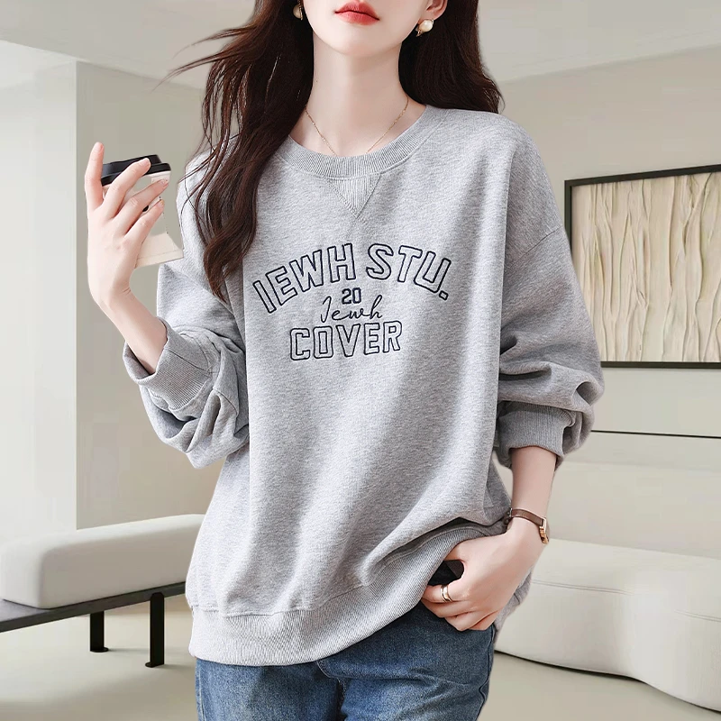 灰色字母刺绣圆领卫衣女士2025秋季新款时尚宽松显瘦休闲百搭上衣