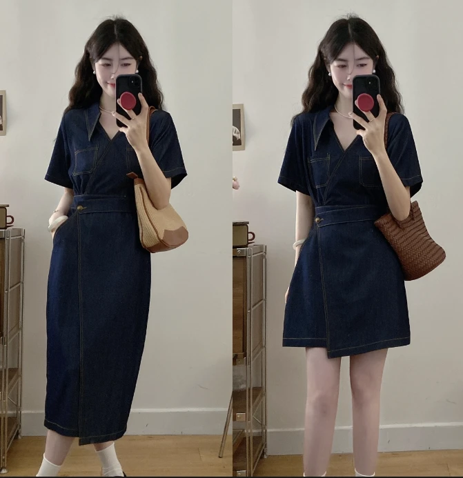 2025夏新款时尚遮肚轻奢牛仔气质显瘦藏肉收腰 V领常规大码连衣裙