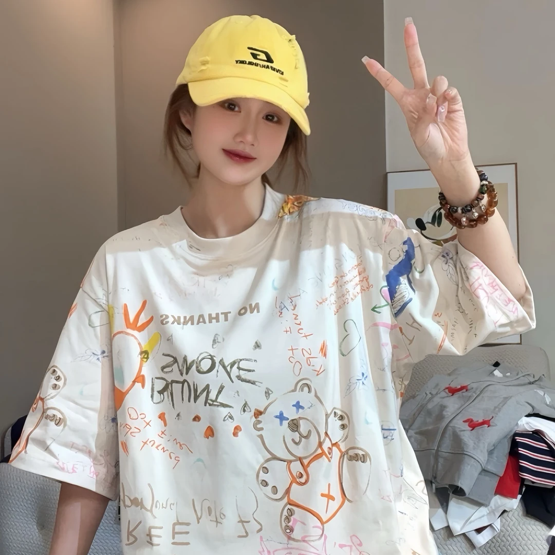 【FANG方方】新款欧洲站小熊涂鸦设计感小众圆领套头宽松中长款短袖