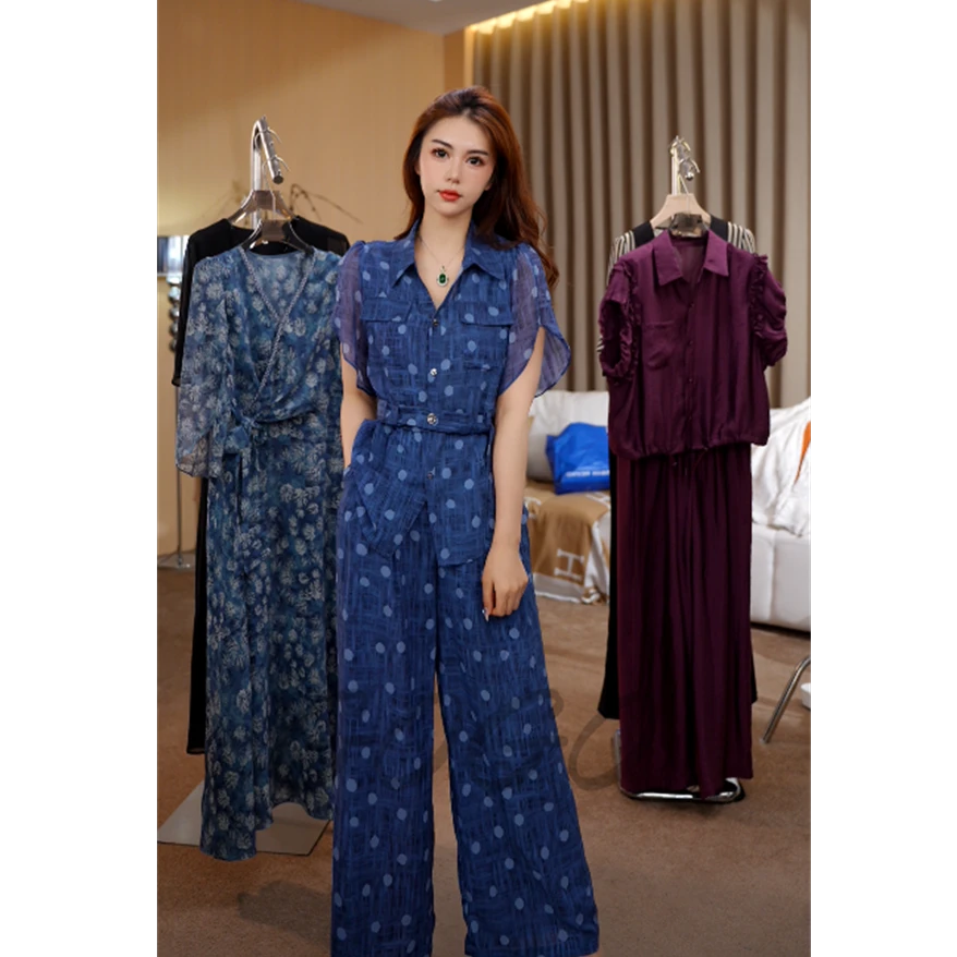 G6295时尚气质显瘦设计感套装夏季绑带短袖上衣阔腿裤休闲两件套