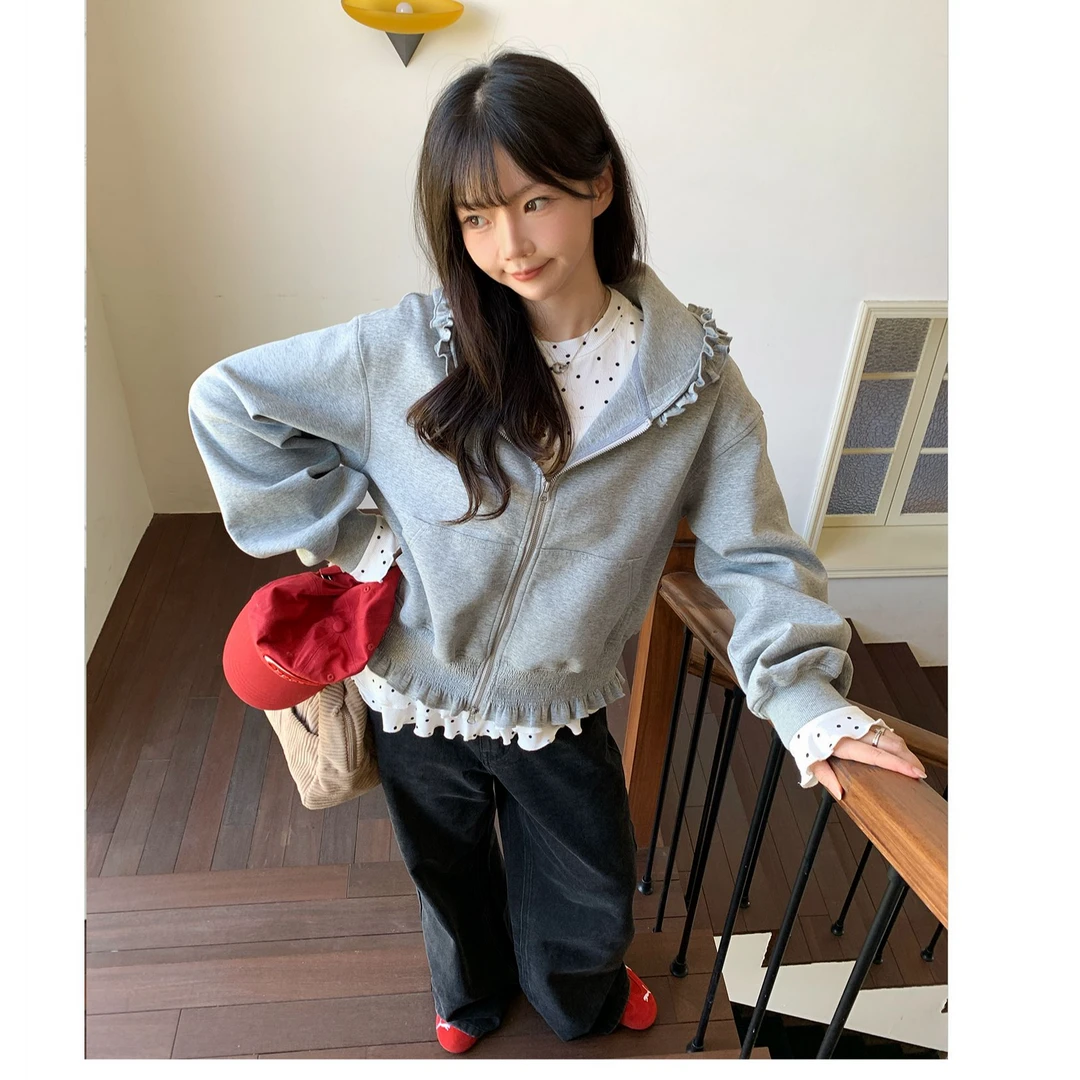 慵懒灰色拉链连帽卫衣外套女宽松木耳边百搭春秋季长袖带帽衫上衣