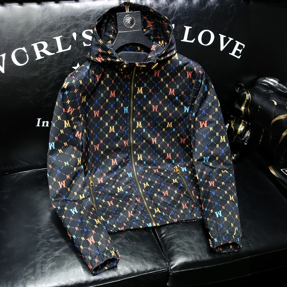 奥美普西比春秋季潮流印花男士连帽夹克时尚百搭修身拉链衣服外套