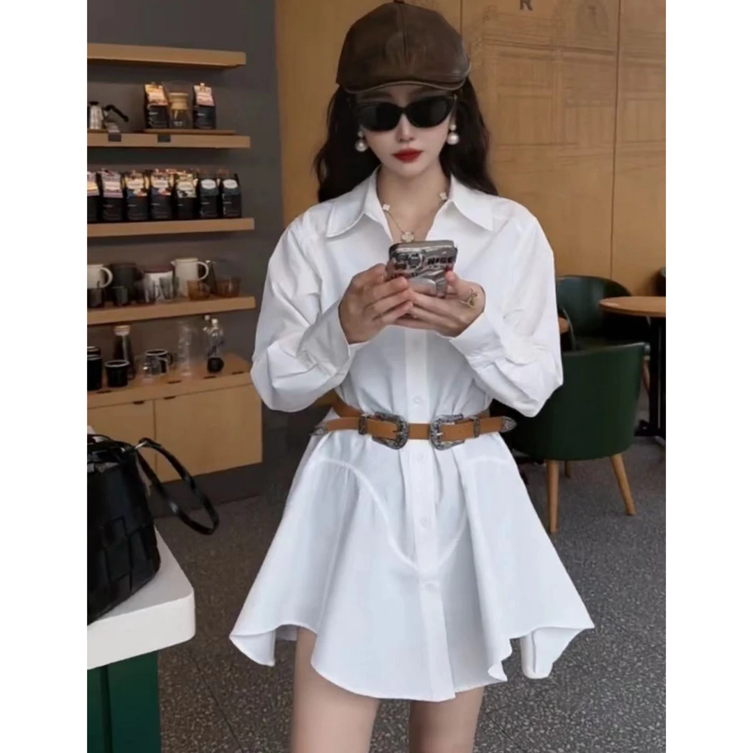 法式翻领长袖衬衫连衣裙女设计感小众气质收腰A字短裙短裤两件套