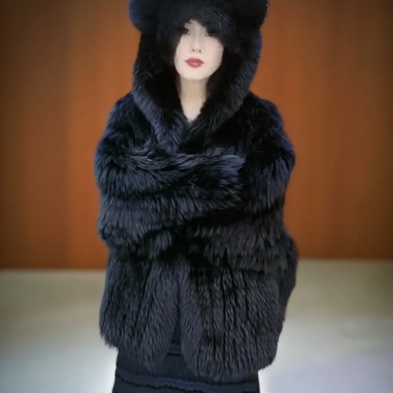 68-110公分衣长狐狸加密加厚编织毛绒慵懒风气质百搭网红连帽女款