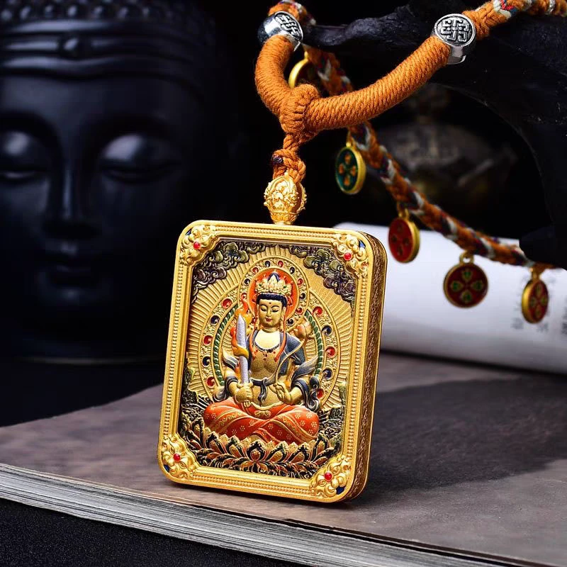 双面五台五爷唐卡十二生肖文殊鎏金守护神纯铜项链吊坠高级感