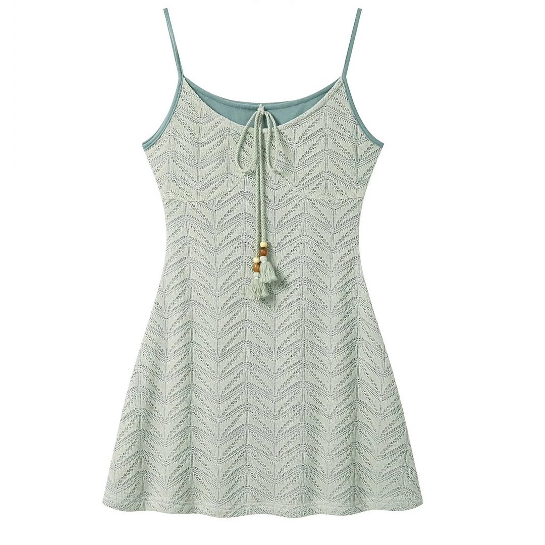 羊城故事-绿色温柔风流苏绑带吊带连衣裙收腰显瘦短裙Y50348983