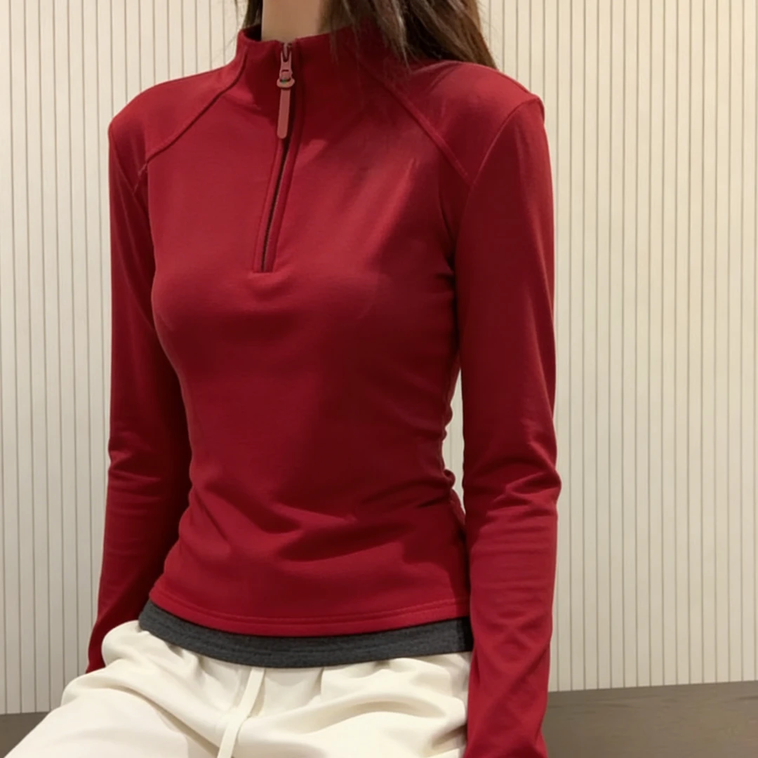 2026秋冬新款爆款红色德绒上衣女立领保暖内搭卫衣百搭修身打底衫