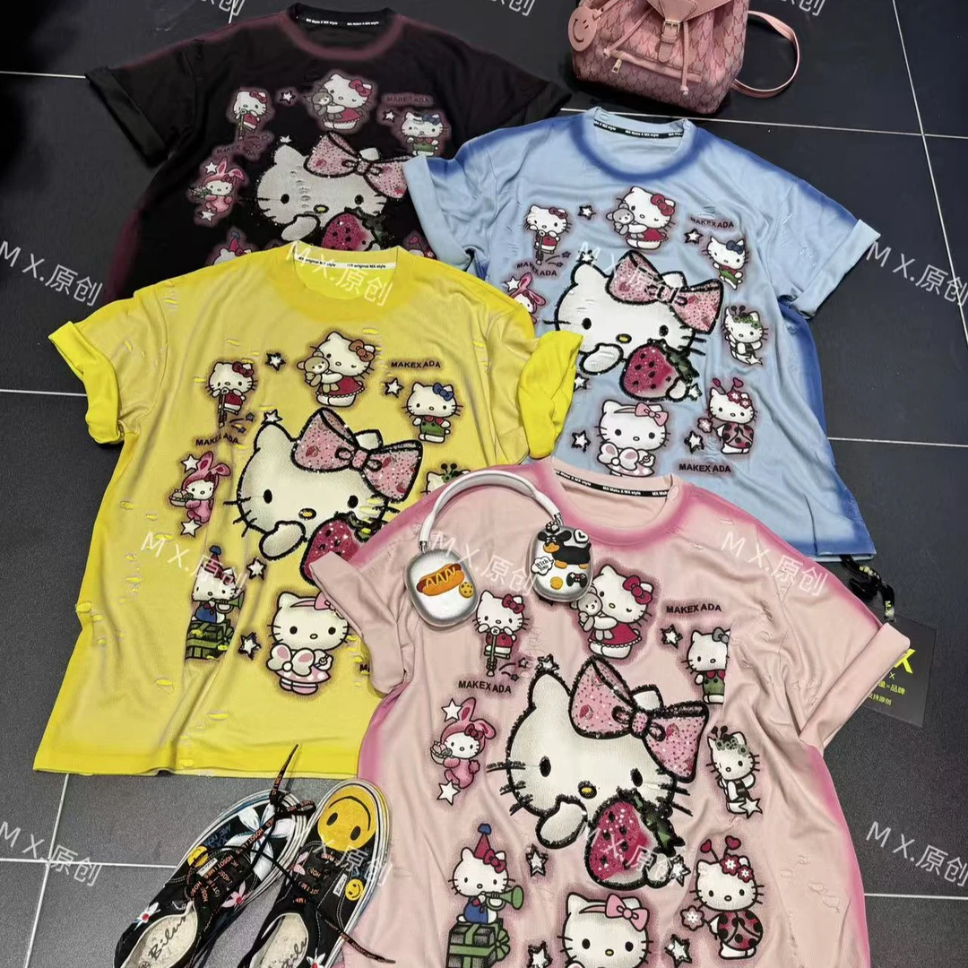 MX女装欧货2025春季新款大版宽松大版重工KT猫短袖t恤上衣女