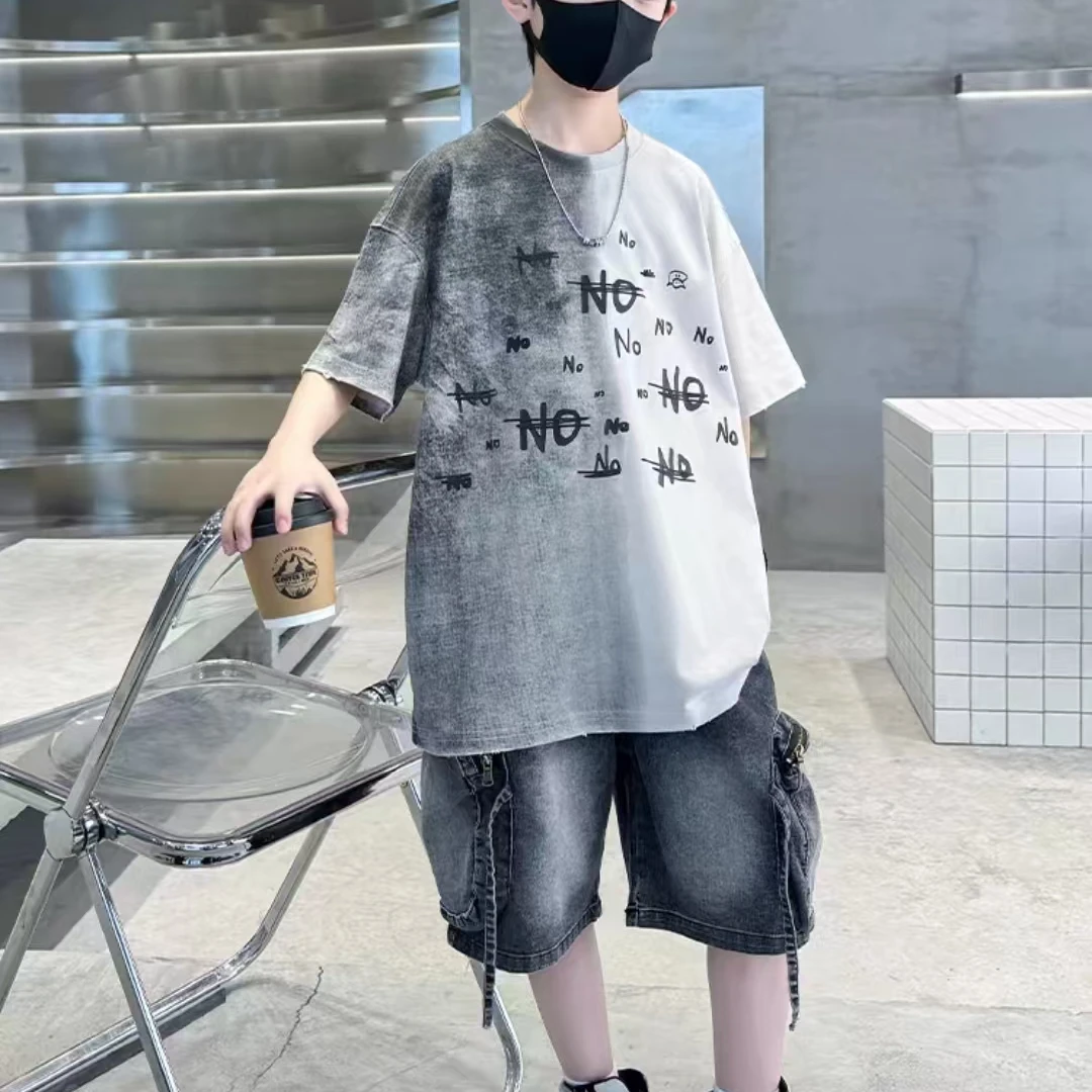 圆领夏季短袖运动系列时尚男T恤宽松童装套装中大童洋气