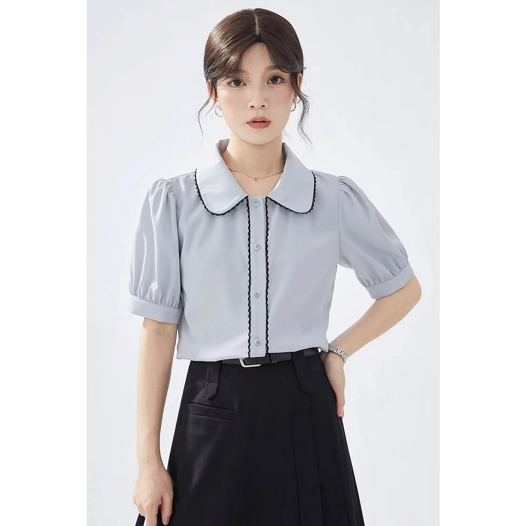 GUIER/桂儿明线撞色泡泡袖衬衫女宽松显瘦百搭蓝色翻领上衣LJ0133