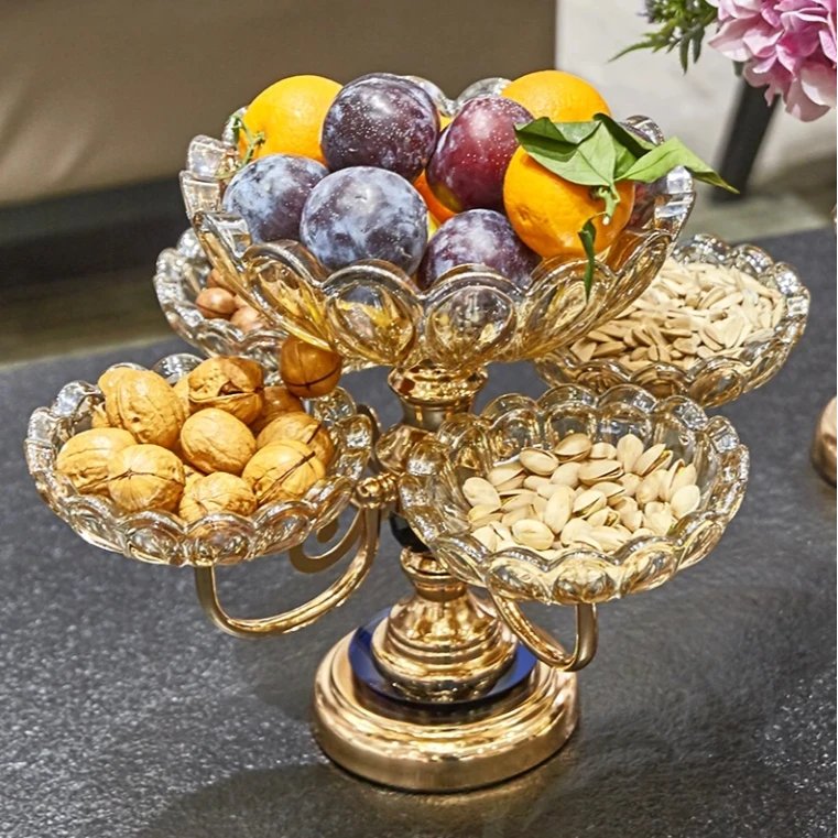 创意2024新款360度旋转水晶玻璃双层水果盘轻奢客厅茶几干果零食