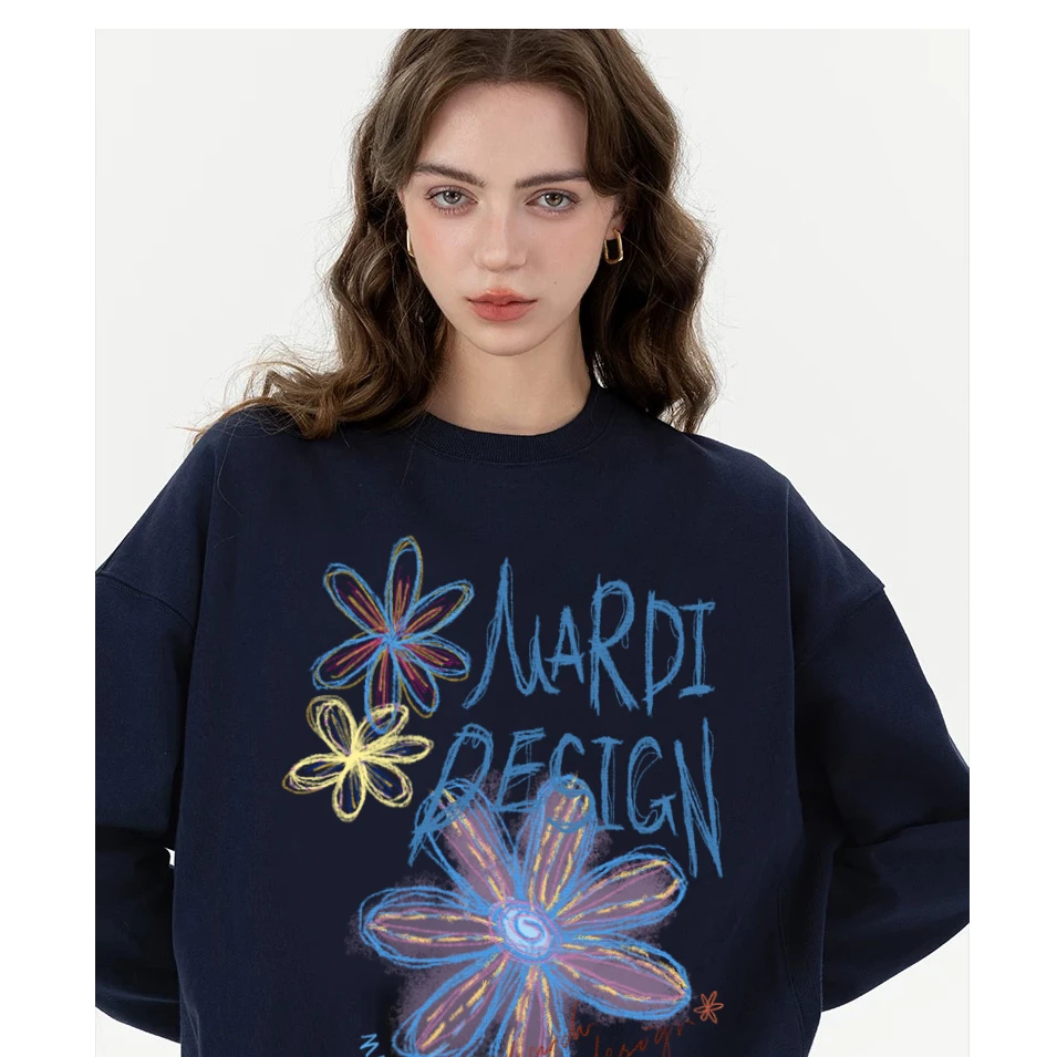 Mardi涂鸦雏菊花朵插肩卫衣套头款圆领情侣印花设计感ins风长袖