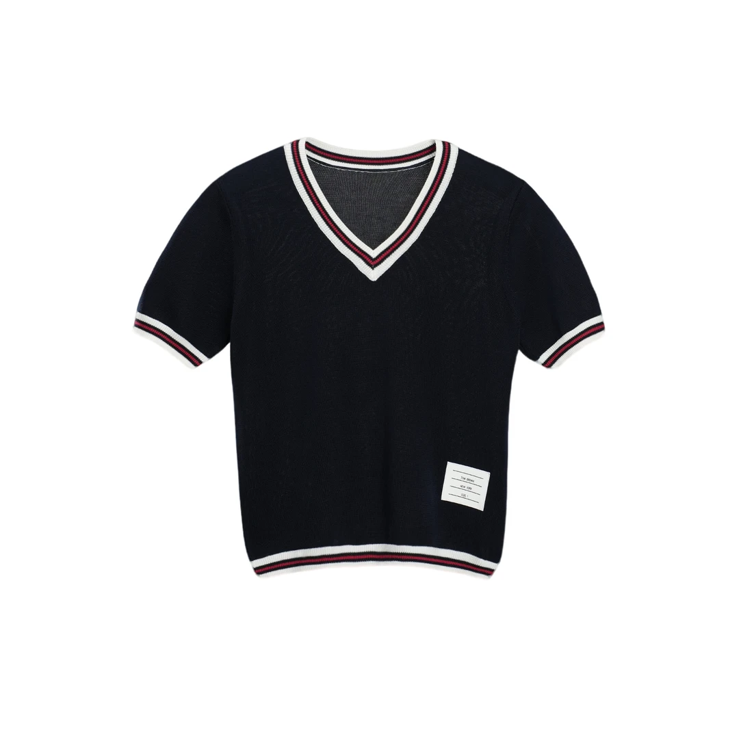 TB同款女士经典短袖V领针织百搭T恤100%莱赛尔天丝25C4037