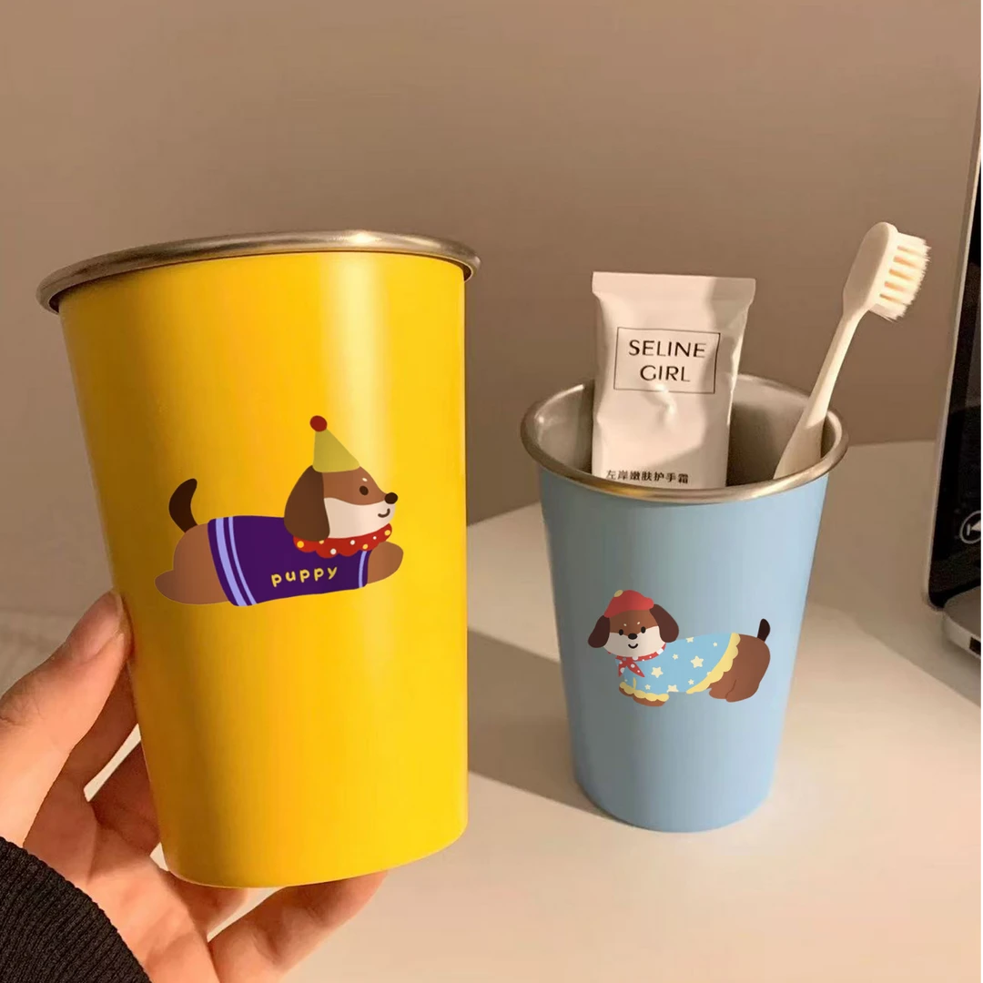 可爱腊肠狗漱口杯家用牙刷杯子洗漱杯情侣学生旅行不锈钢牙具牙杯
