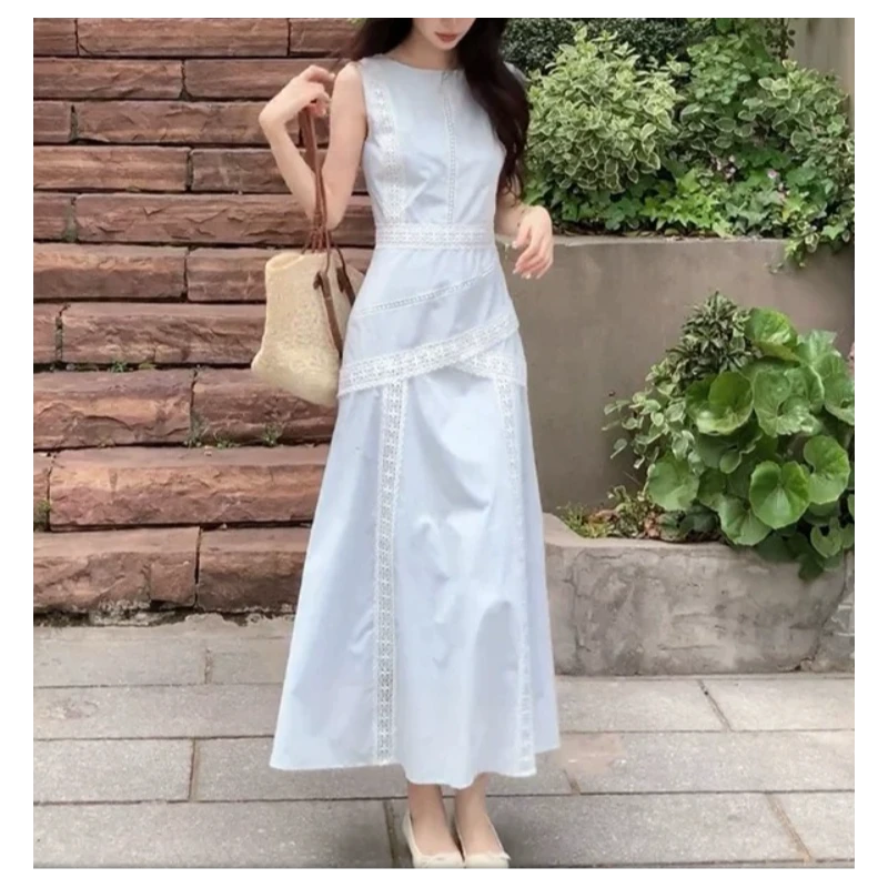 夏季新款无袖蓝色拼接蕾丝连衣裙时尚通勤高腰纯色长裙夏季连衣裙