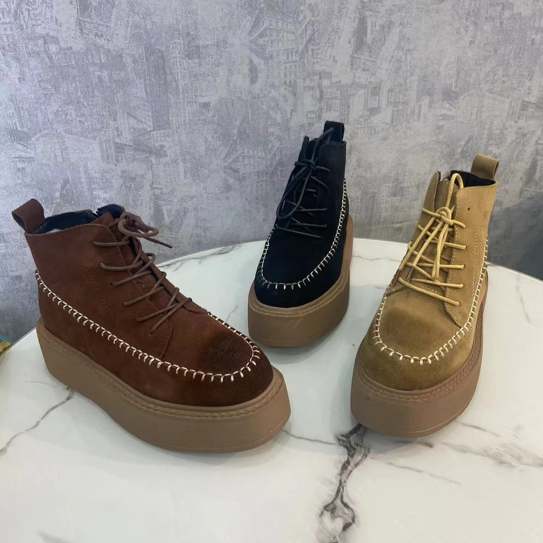 555-2时尚百搭真皮复古厚底加绒高帮秋冬单鞋