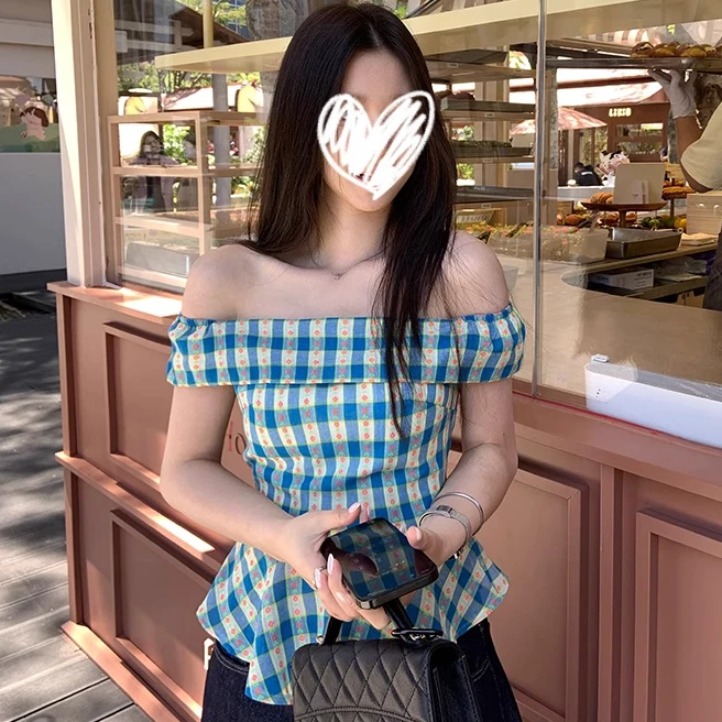 格纹一字肩衬衫女夏韩版休闲修身荷叶边高腰显瘦上衣