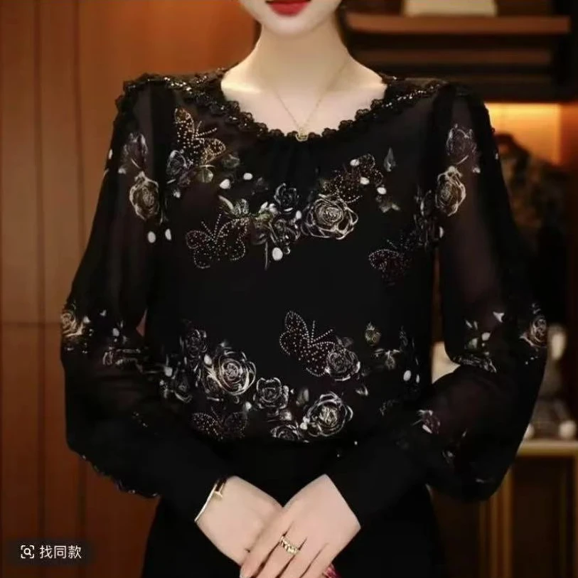 新款琉璃双皱丝洋气时尚百搭显瘦休闲气质印花女士印花长袖上衣