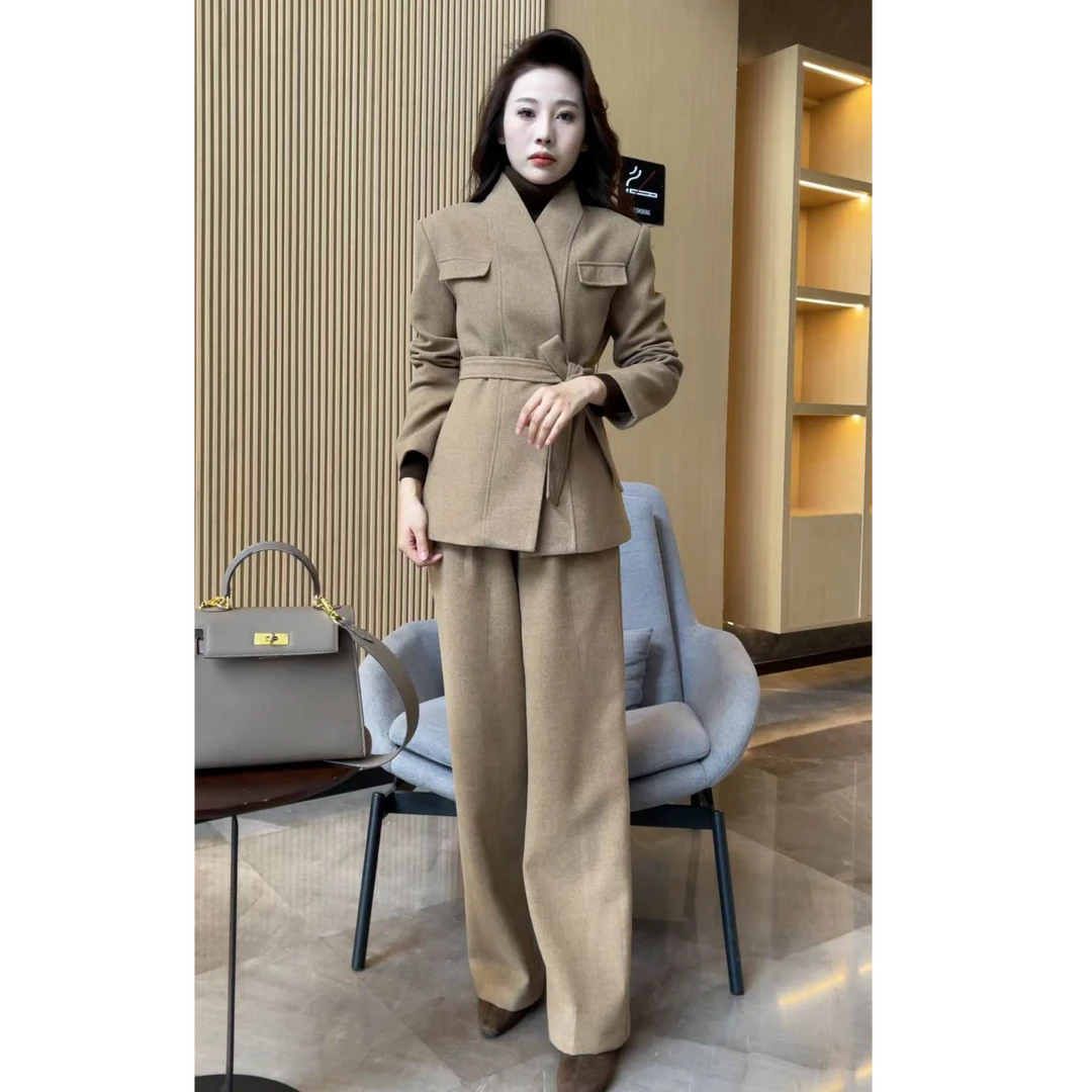 【梦婷家】复古高级感收腰系带外套阔腿裤两件套气质女装-24863