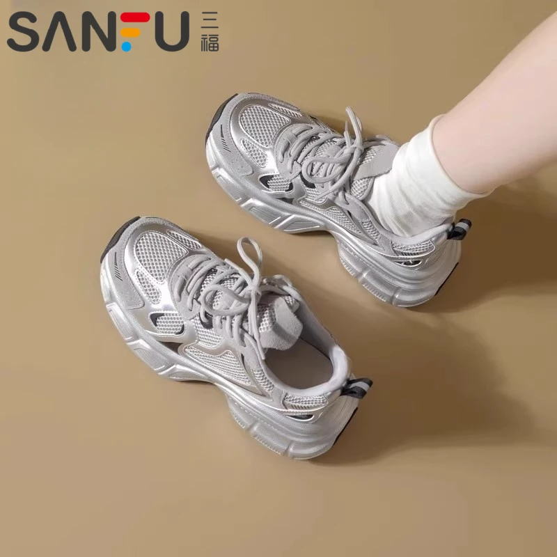 三福网面透气老爹鞋女2025年春秋新款厚底增高女鞋休闲运动鞋百搭