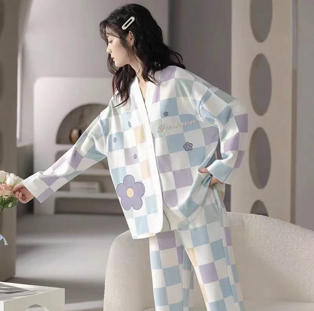 睡衣纯棉女春秋长袖长裤两件套装可外穿女套装家居服1