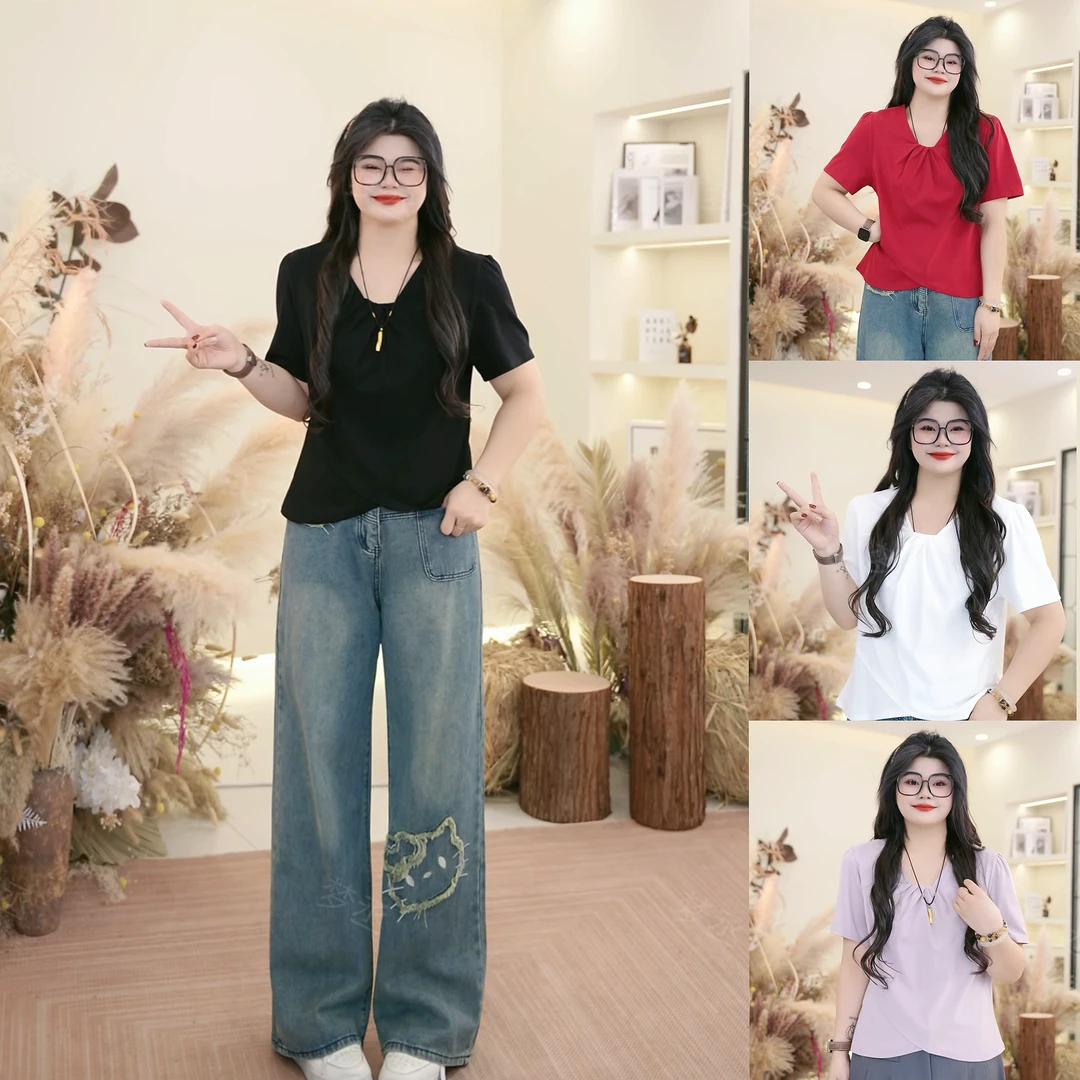 梦丞【一束春光】大码女装V领设计感正肩百搭显瘦减龄短袖针织衫
