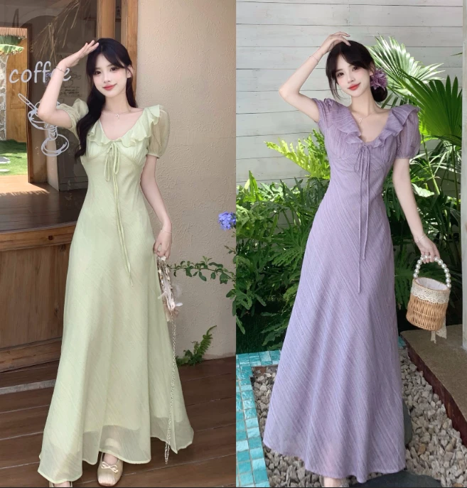 大码连衣裙荷叶边不褪色A字裙法式系带泡泡袖V领巨显瘦藏肉连衣裙