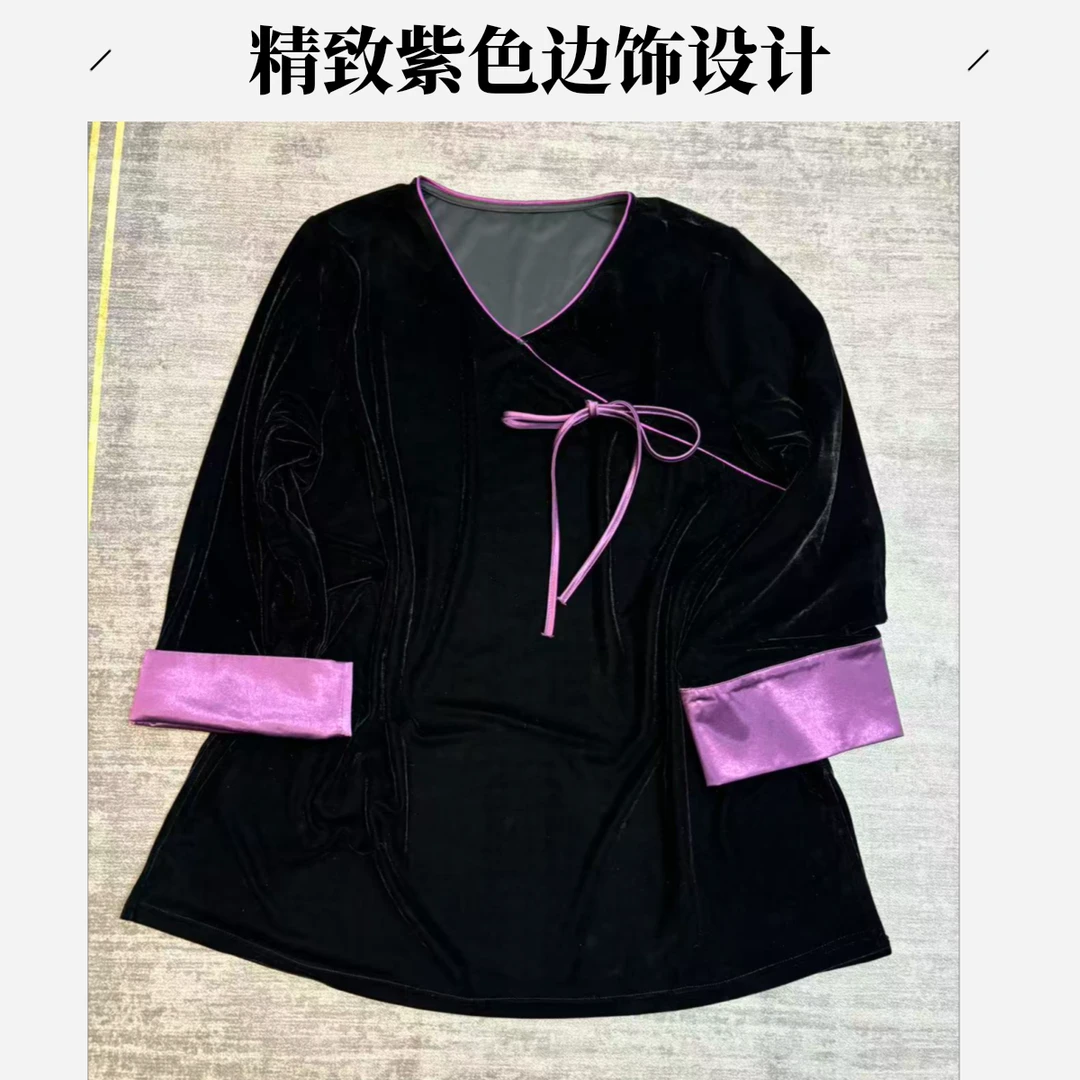 拼接长袖V领圆领薄款常规款上衣休闲打底套头女士新中式网红时尚