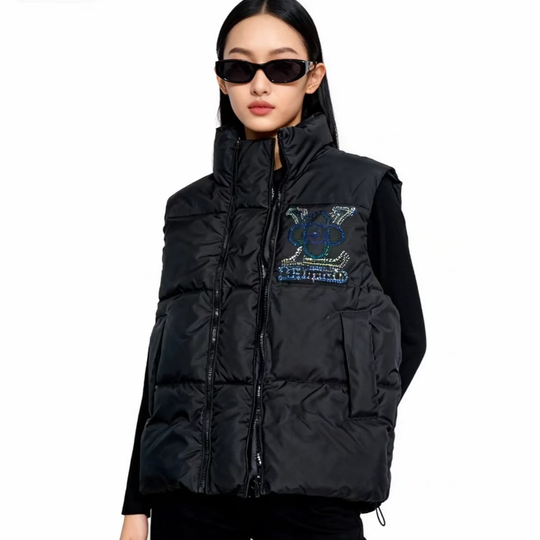 时尚保暖黑色格子烫钻宽松立领马甲-9645-A334