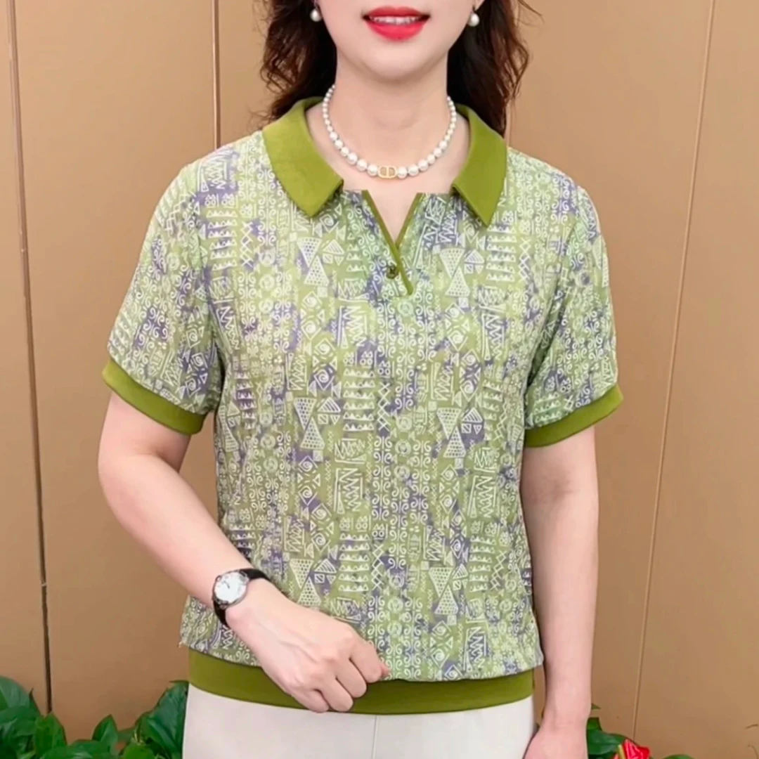 夏季新款时尚翻领印花洋气妈妈装休闲百搭减龄薄款短袖上衣K763