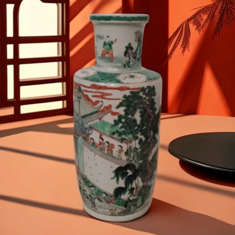 AS05076 清康熙五彩人物故事图棒槌瓶