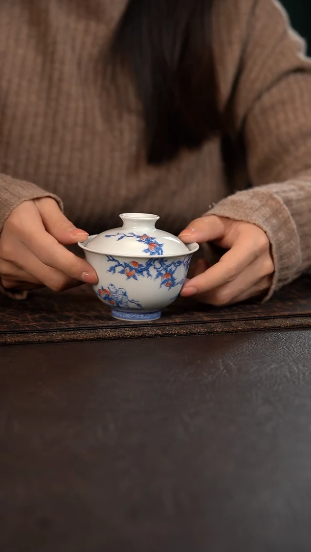 【闪购商品】杯聚澜堂童子九桃五福二才盖碗