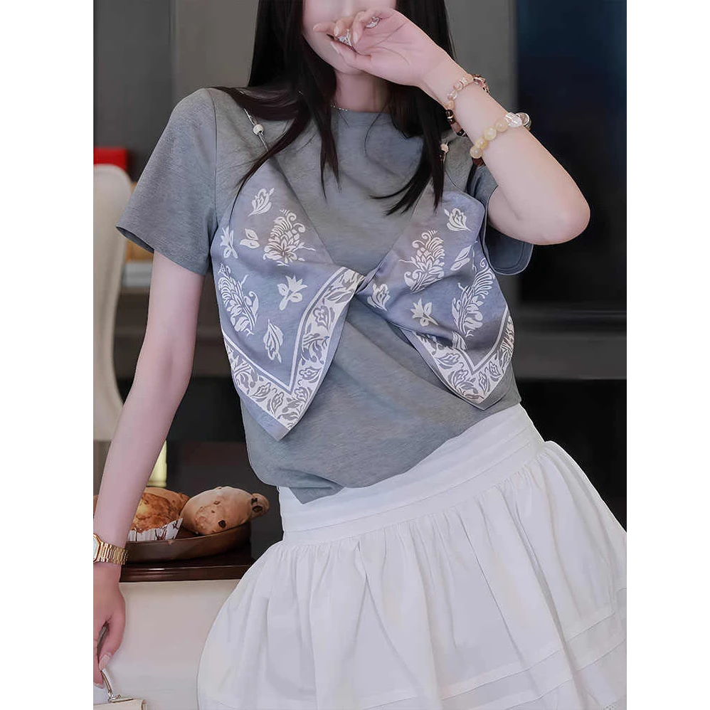 短袖t恤女2025新款夏季爆款设计感独特漂亮时尚洋气假两件上衣潮