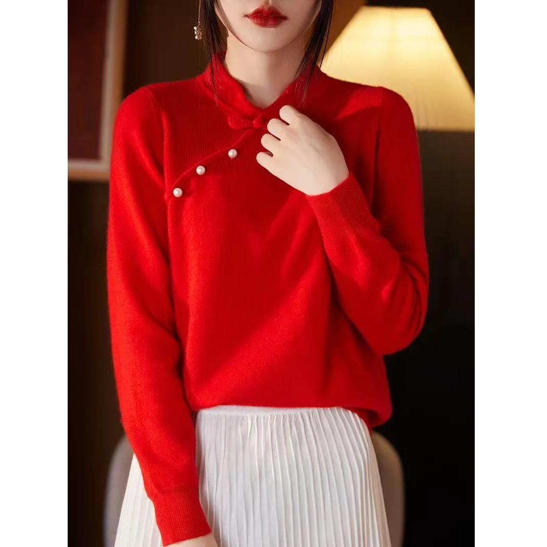 抢它 全毛国风盘扣羊毛衫新年红女士毛衣内搭