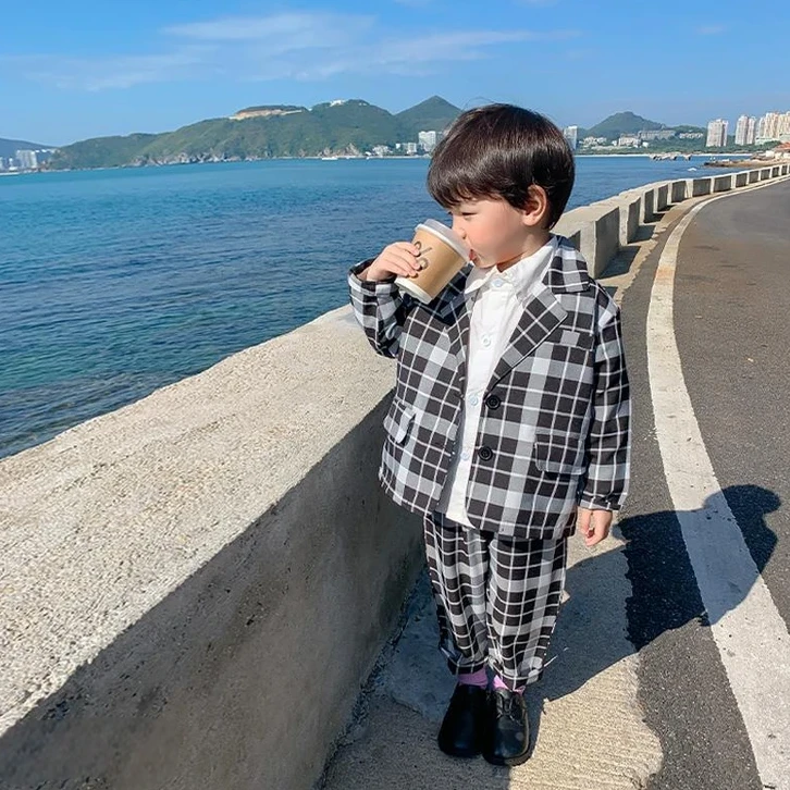 格子西装儿童韩版童装小西服套装休闲宝宝小小童男童短袖T恤