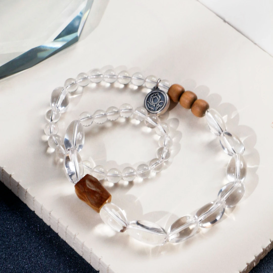 天然双A白水晶随形配檀香无相双圈手串6+mm