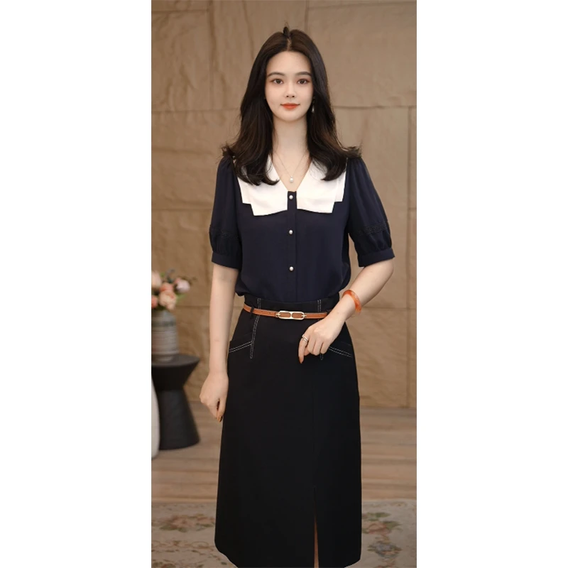 【杨杨专属】夏季女短袖衬衫设计感小众气质宽松洋气8592505藏青色