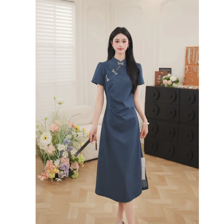 鹿向南【如梦】2025年夏季新款牛仔新中式连衣裙QJD00423