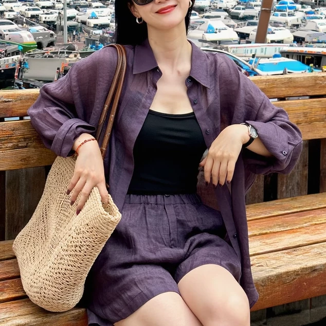 夏季新款法式老钱风衬衫短裤两件套休闲气质百搭休闲防晒套装
