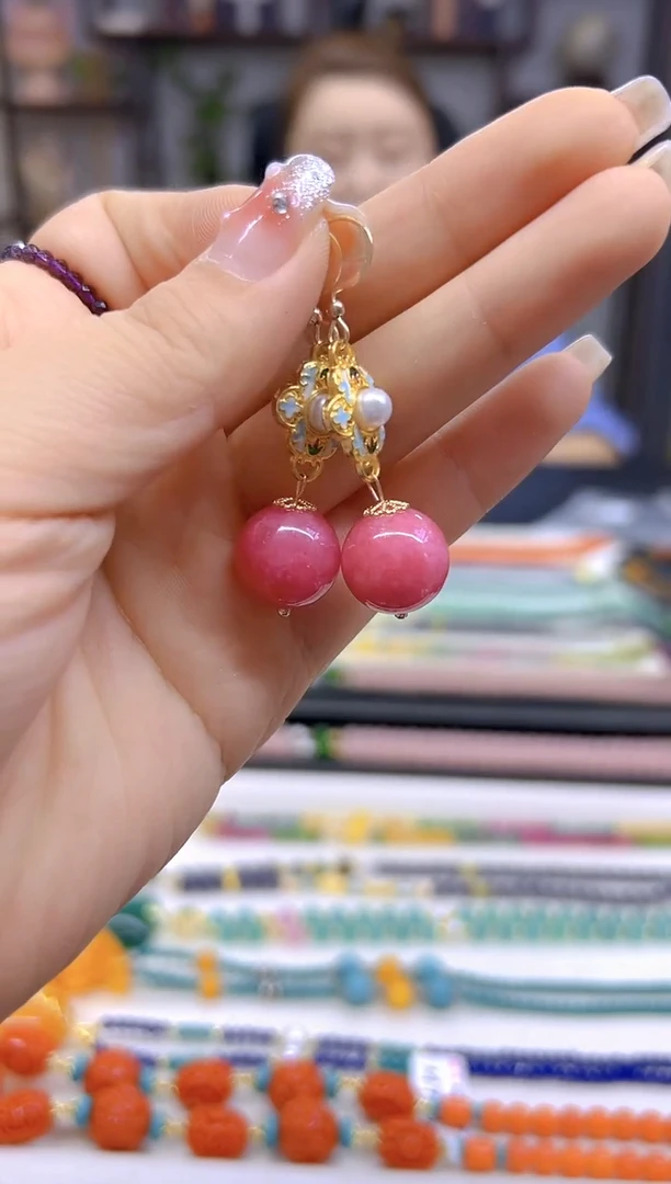 菱锰矿（红纹石）14K金镶嵌耳饰DIY款E798