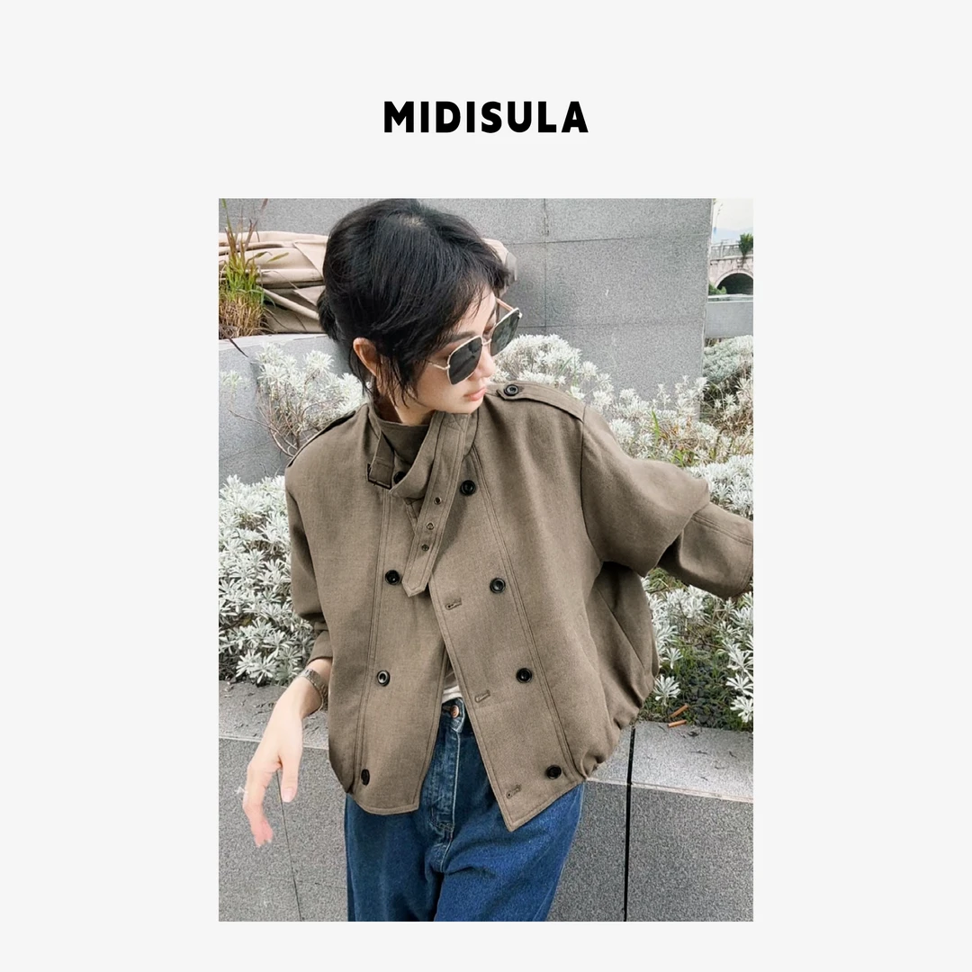 MDSL·新款时尚洋气轻奢双排扣英伦风立领宽松风衣外套#01865