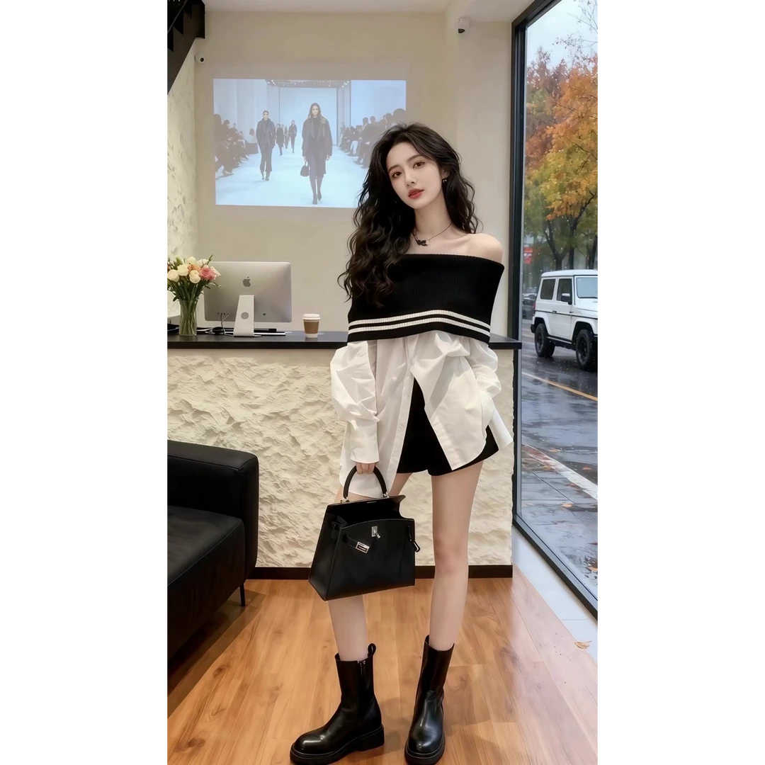 2025秋季新款韩系甜酷风黑色一字领针织拼接白色衬衫搭配短裤套装