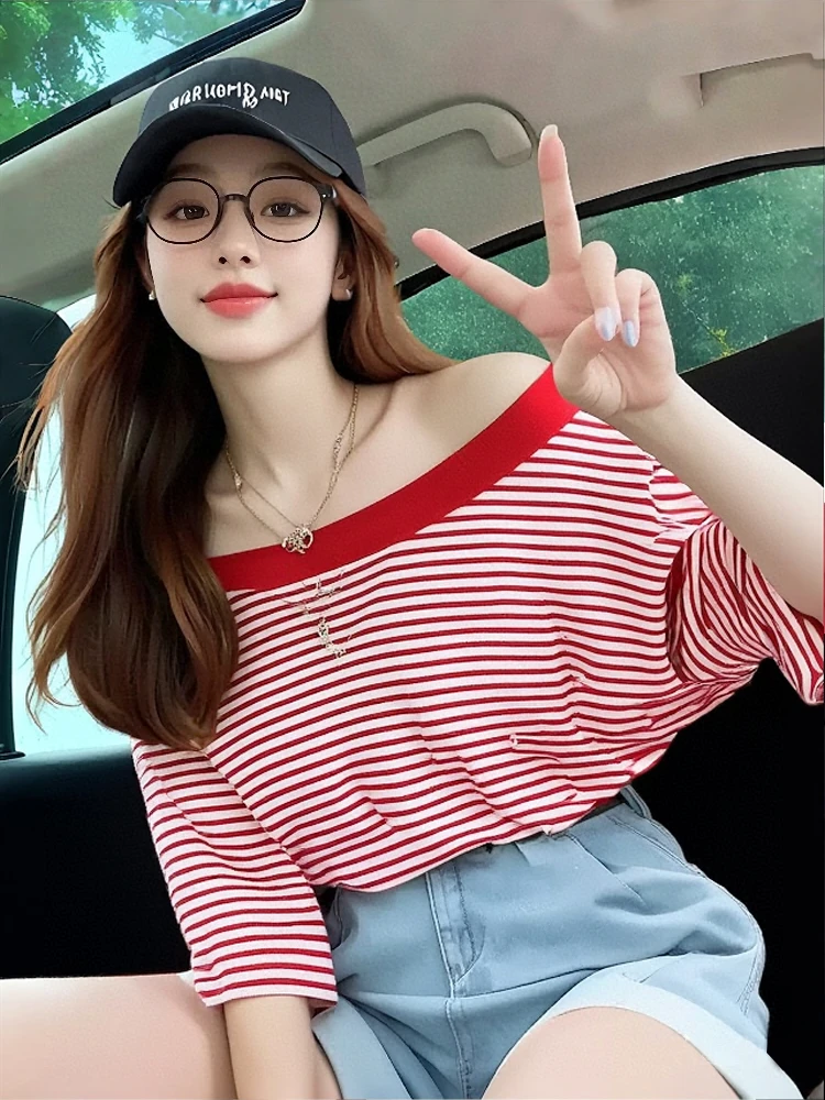 多巴胺小个子设计感小众甜辣上衣时尚洋气红色一字肩条纹T恤女夏