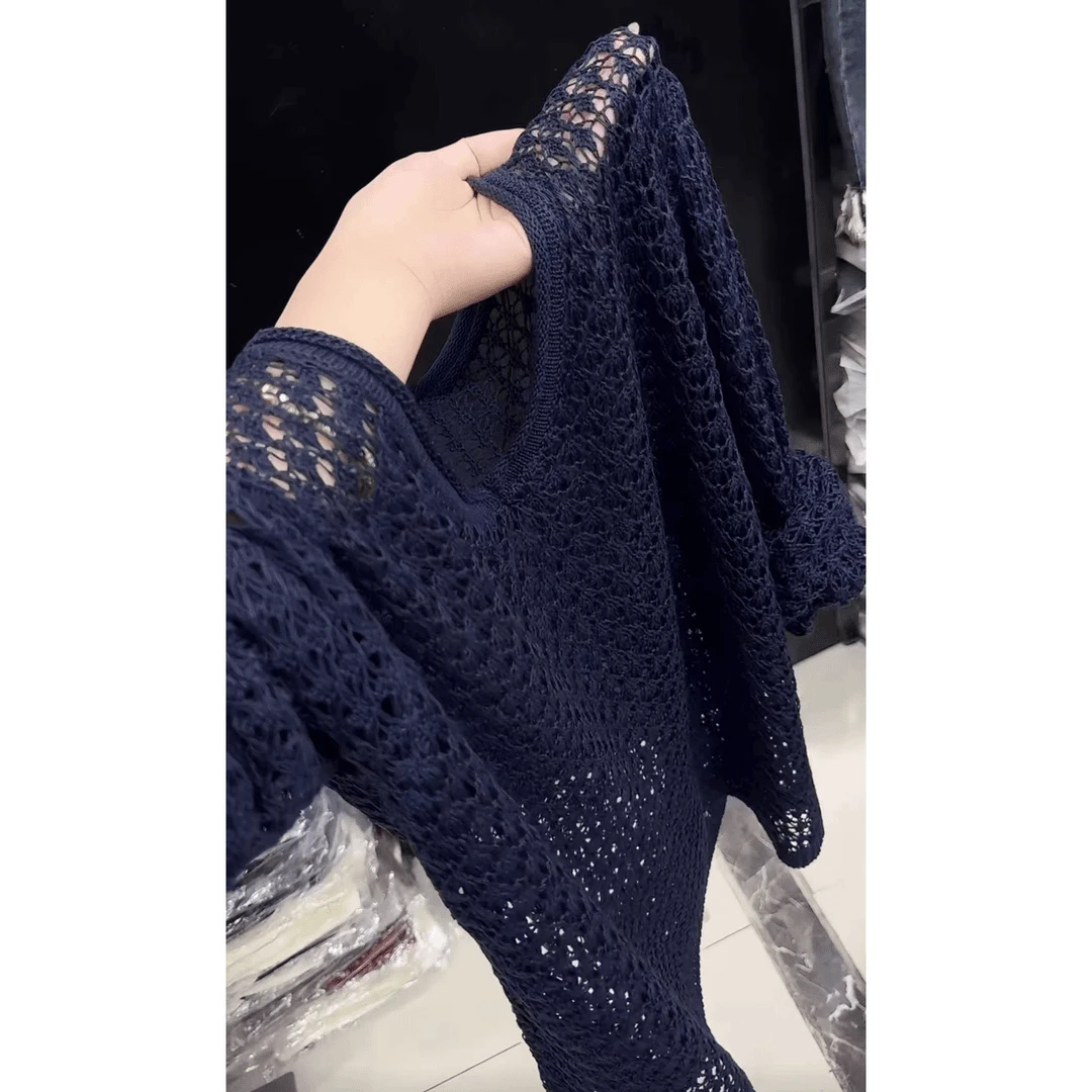 设计感镂空长袖针织衫女装早秋新款宽松慵懒风软糯显瘦藏蓝色上衣