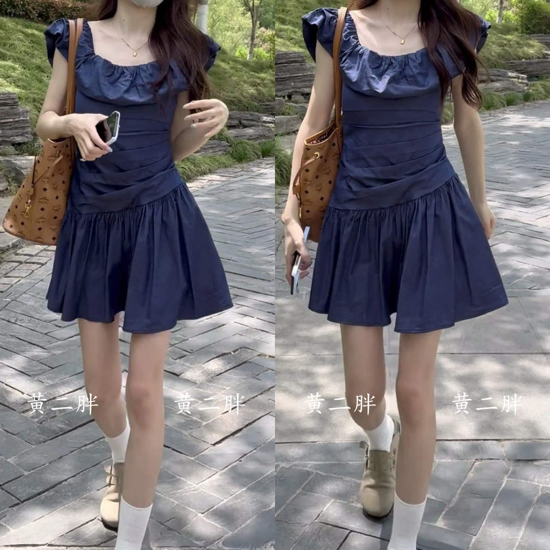 小飞袖方领一字肩连衣裙女夏季法式小个子褶皱收腰显瘦A字短裙子