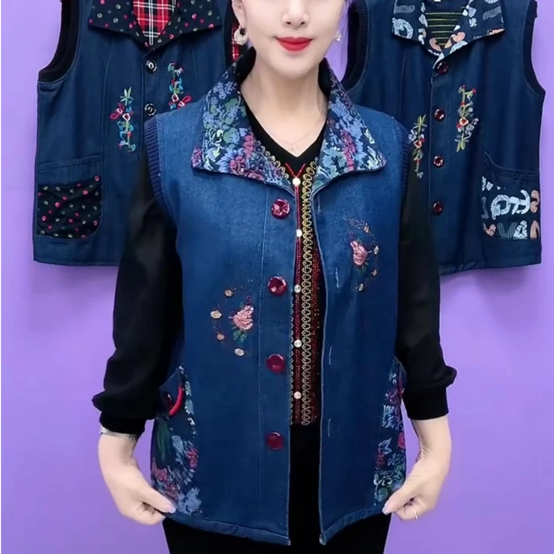 春季新款时尚大码休闲牛仔马夹洋气印花妈妈装