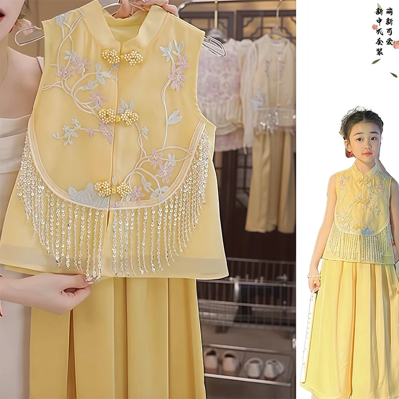 女童国风无袖套装夏季2025新款新中式绣花流苏上衣超薄九分阔腿裤